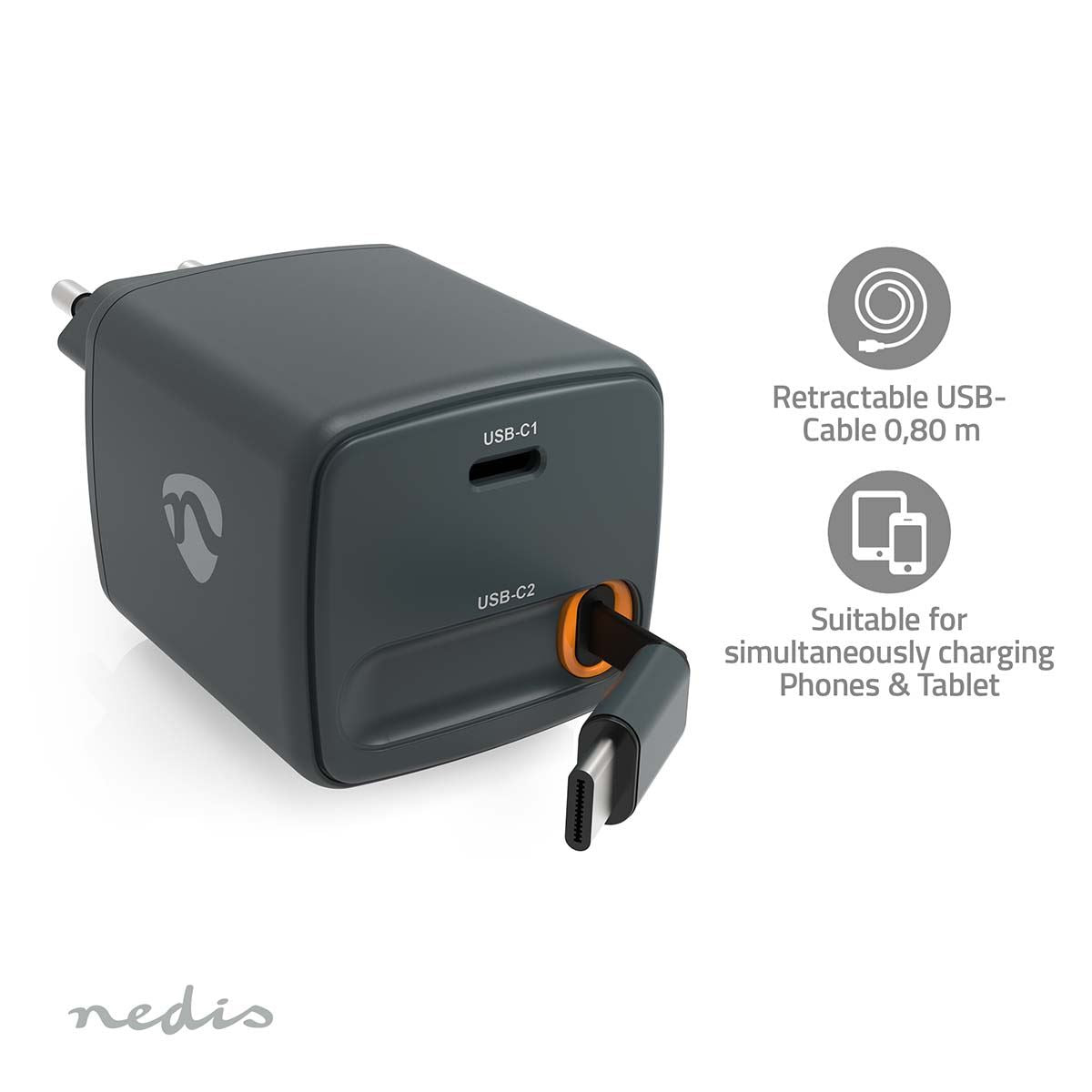Nedis WCHARC30WBK | Wall Charger | With Retractable Cable | 30 W | GaN | PD3.0 30W | 1.5 / 2.0 / 2.5 / 3.0 A | Number of outputs: 1 | USB-C™ | USB-C™ Retractable Cable | 0.75 m | Automatic Voltage Selection | Black