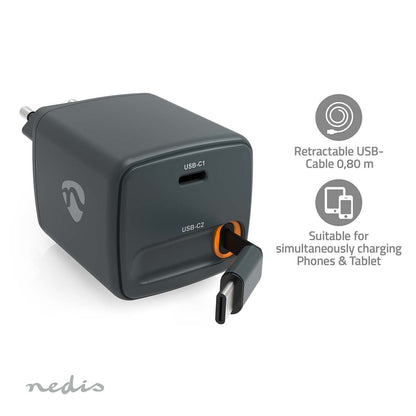 Nedis WCHARC30WBK | Wall Charger | With Retractable Cable | 30 W | GaN | PD3.0 30W | 1.5 / 2.0 / 2.5 / 3.0 A | Number of outputs: 1 | USB-C™ | USB-C™ Retractable Cable | 0.75 m | Automatic Voltage Selection | Black