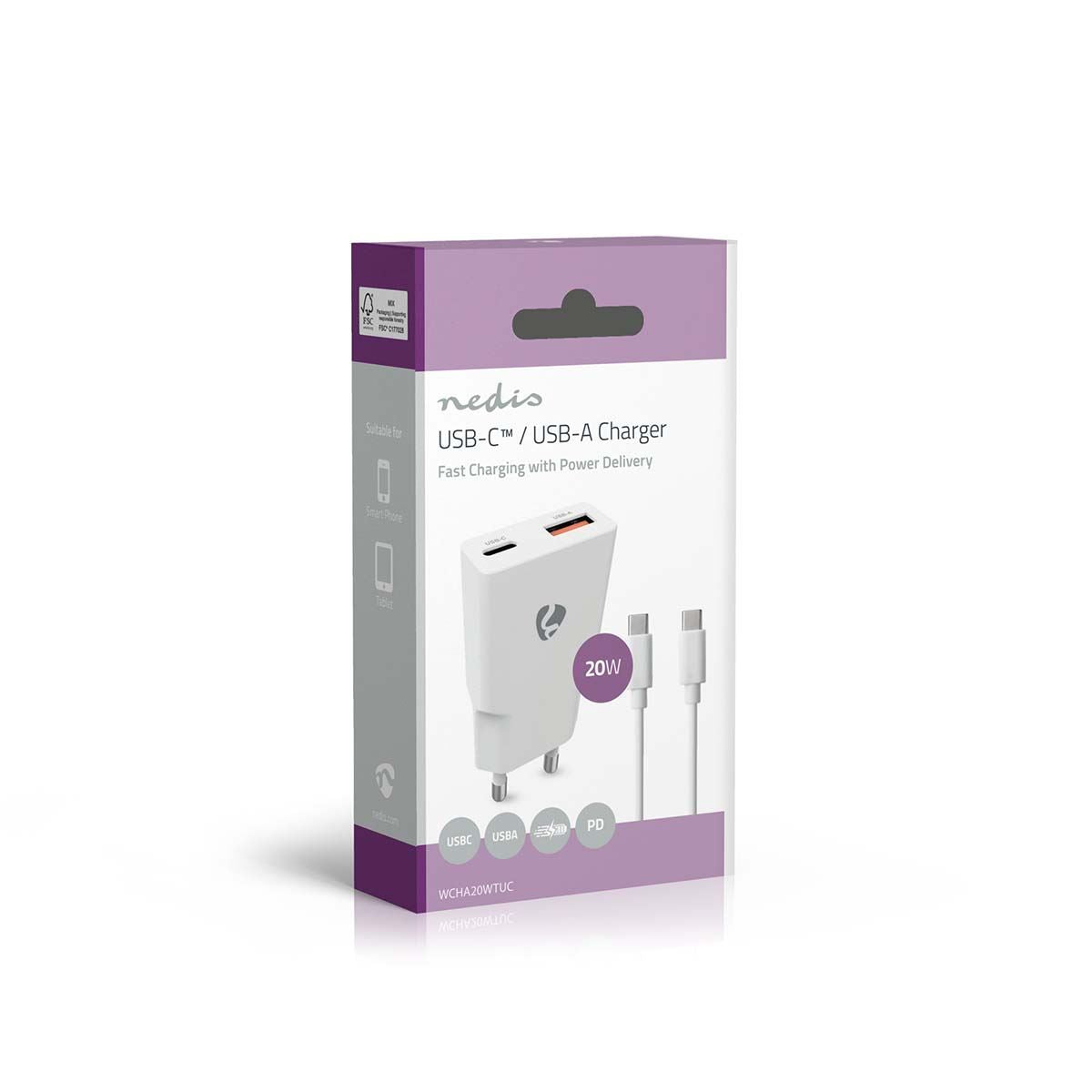 Nedis Wall Charger | 20 W | GaN | PD3.0 | Quick charge feature | 1.5 / 2.0 / 2.22 / 3.0 A | Number of outputs: 2 | USB-A / USB-C™ | USB-C™ (Loose) Cable | 1.50 m | Automatic Voltage Selection | White