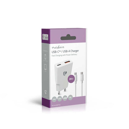 Nedis Wall Charger | 20 W | GaN | PD3.0 | Quick charge feature | 1.5 / 2.0 / 2.22 / 3.0 A | Number of outputs: 2 | USB-A / USB-C™ | USB-C™ (Loose) Cable | 1.50 m | Automatic Voltage Selection | White