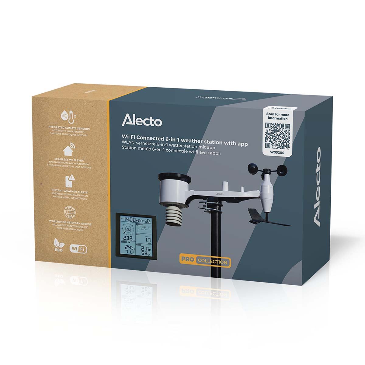 Alecto WS5200 | 6-in-1 Wi-Fi Weather Station | Indoor and Outdoor Temperature, Forecast, Wind, Pressure, Humidity, Rain & More | Outside Wireless sensor | Application | Black