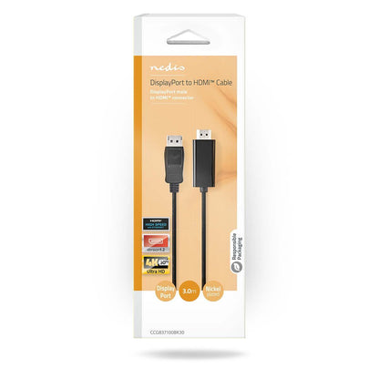 Nedis DisplayPort Cable | DisplayPort Male | HDMI™ Connector | 4K@30Hz | Nickel Plated | 3.00 m | Round | PVC | Black | Box