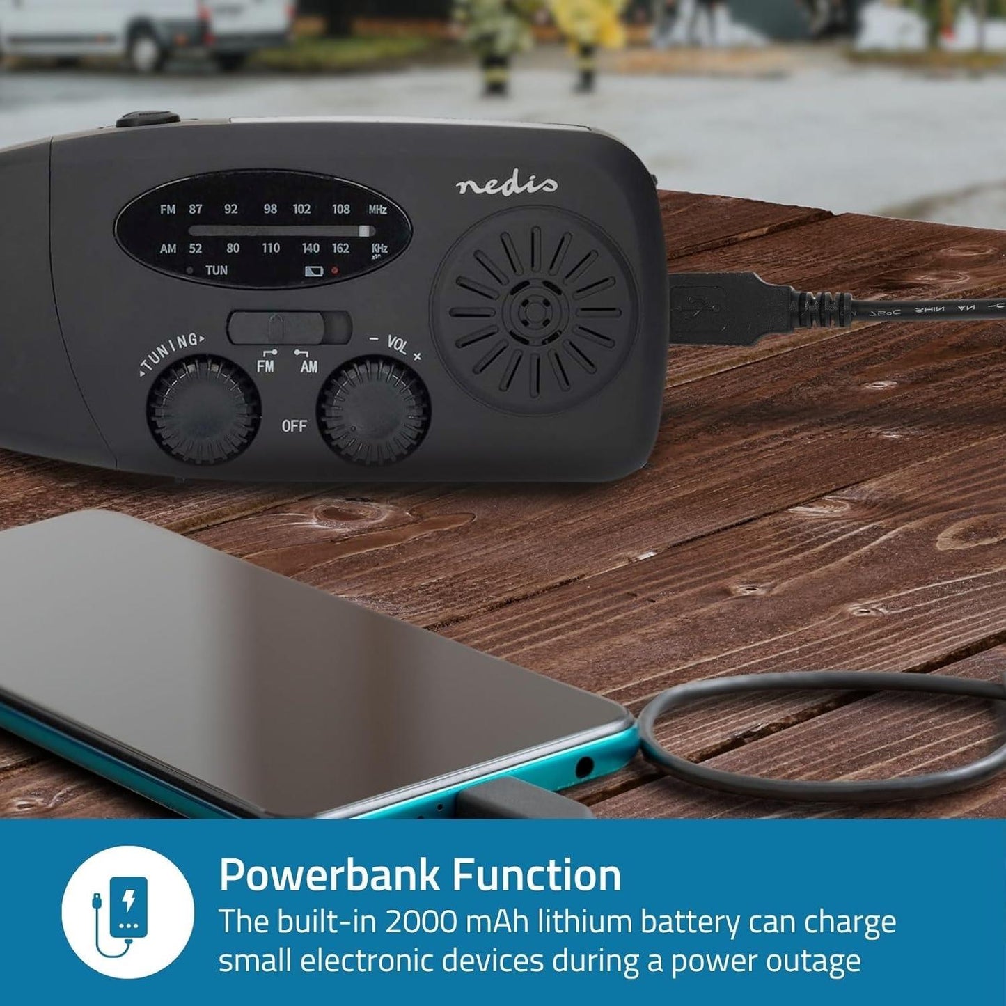 Nedis Emergency Radio | Table Design | AM / FM | Powerbank function | Battery Powered / Hand Crank / USB Powered | Black