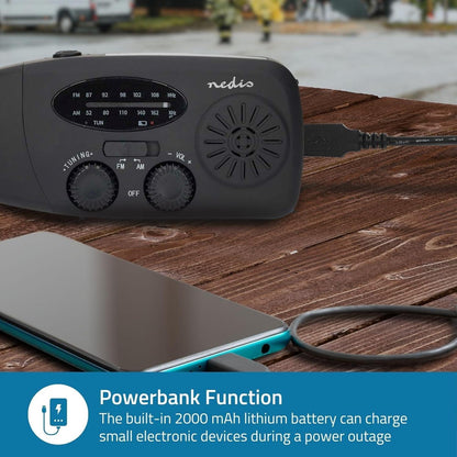 Nedis Emergency Radio | Table Design | AM / FM | Powerbank function | Battery Powered / Hand Crank / USB Powered | Black