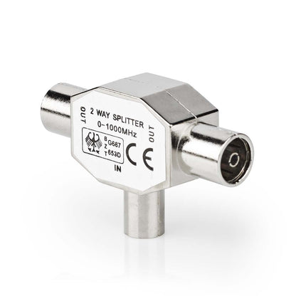 Nedis Satellite & Antenna Adapter | IEC (Coax) Male | 2x Coax Female | Nickel Plated | 75 Ohm | T-Splitter | Metal | Silver | 1 pcs | Box