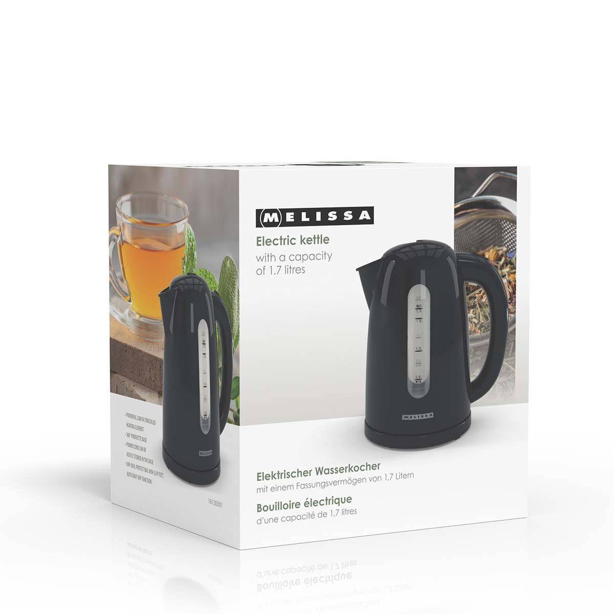 MELISSA Electric Kettle 1.7 l | Plastic | Black | Rotatable 360 degrees | Concealed heating element | Boil-dry protection
