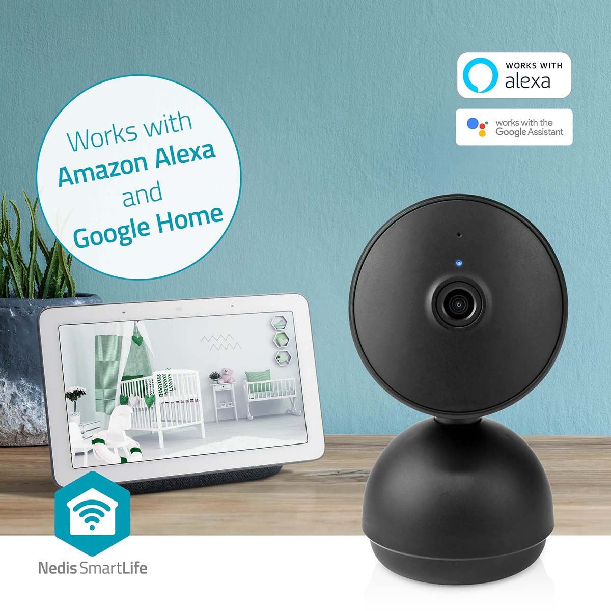 Nedis SmartLife Indoor Camera | Wi-Fi | Full HD 1080p | Pan tilt | Cloud Storage (optional) / microSD (not included) / Onvif | With motion sensor | Night vision | Black