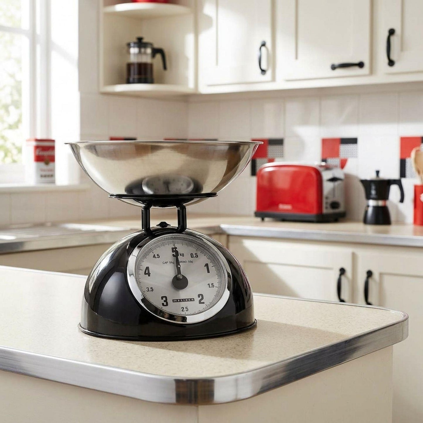 MELISSA Retro Kitchen Scale | Analog | Metal Housing | Removable bowl | Max. 5kg | 25-gram increments | Black