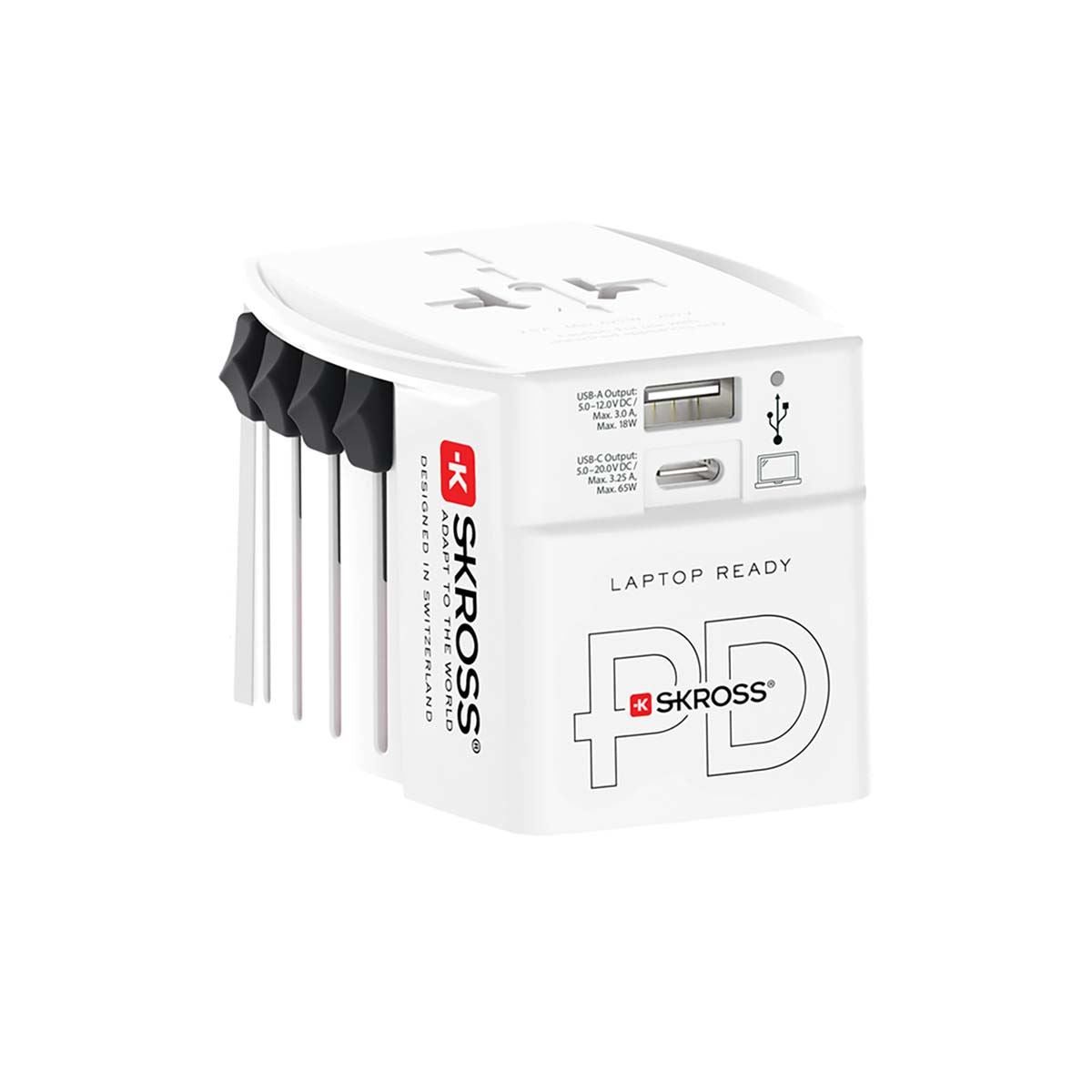Skross SKR1302976 | Travel Adapter 2-pole world travel adapter with integrated Dual USB Charger (1x USB C & 1 x USB) 65 Watt Power Delivery