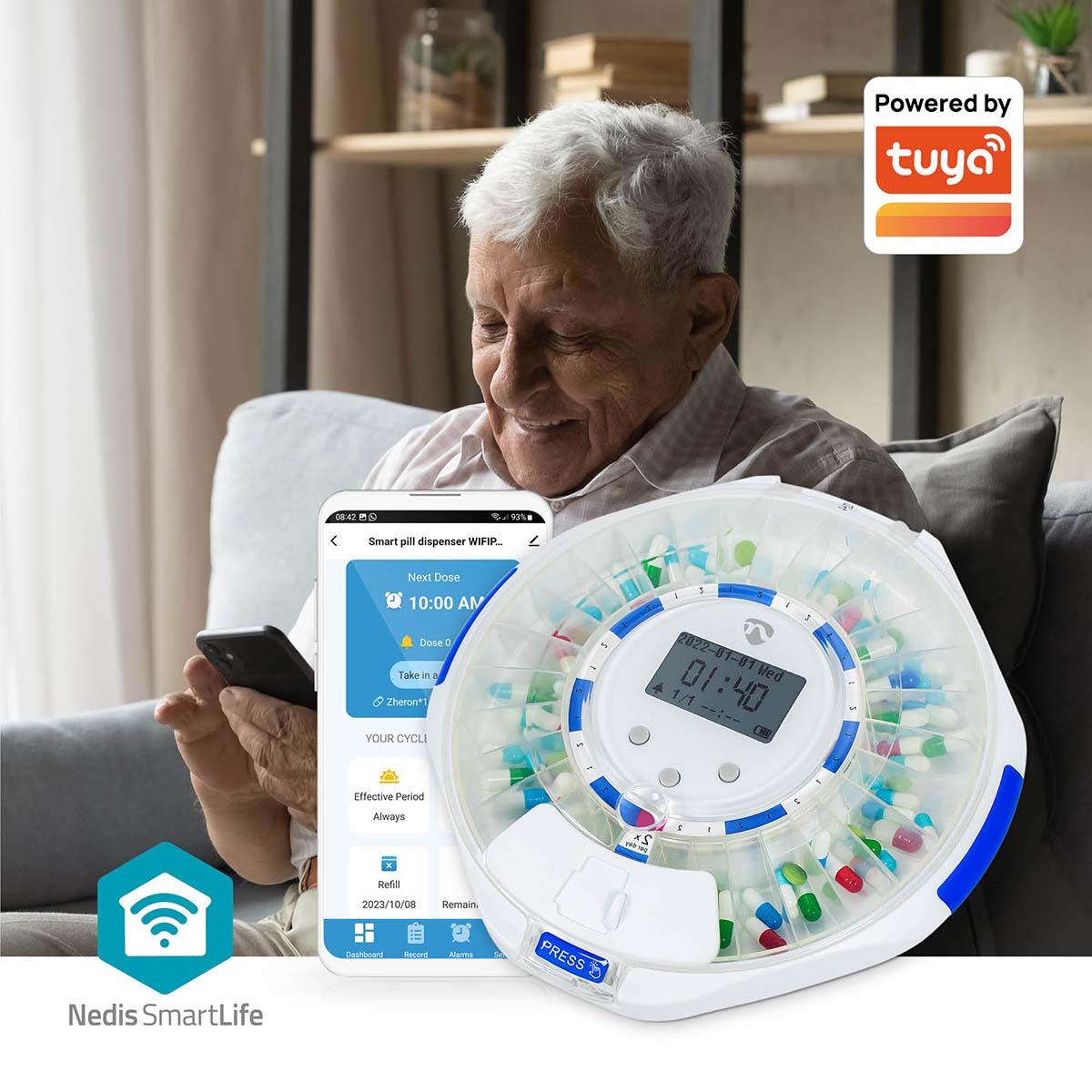 Nedis SmartLife Pill Dispenser | Wi-Fi | 28 Compartments | Number of alarmtimes: 9 Alarm Times Per Day | Beep / Light / Voice | LCD display | White