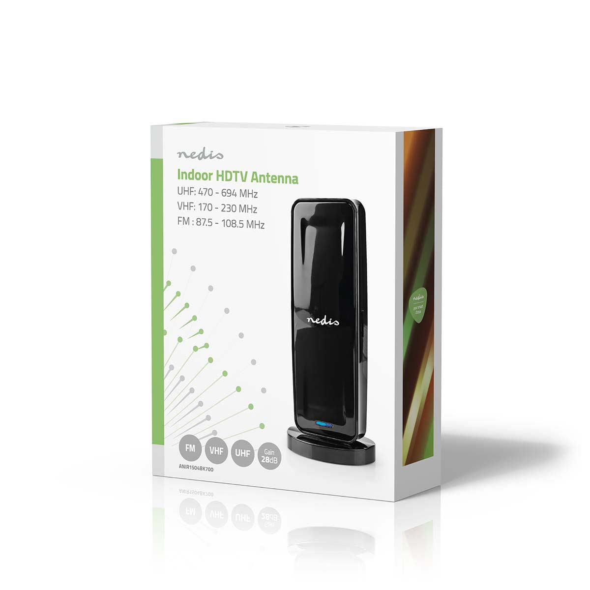 Nedis Indoor HDTV Antenna | Active | FM / UHF / VHF | Reception range: 0-15 km | LTE700 | Gain: 28 dB | ABS | Black