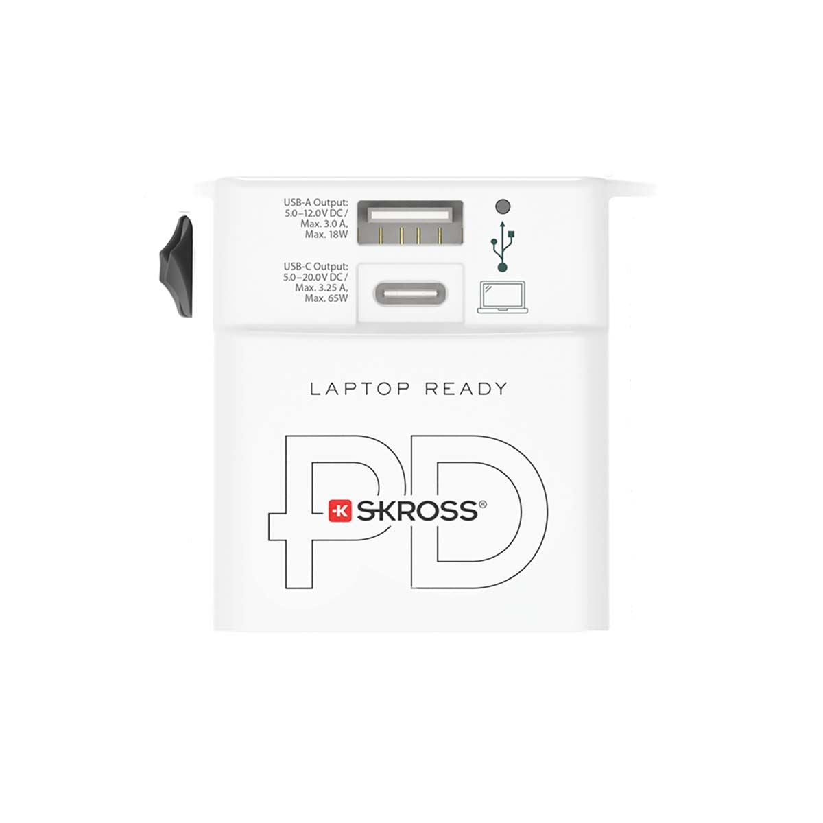 Skross SKR1302976 | Travel Adapter 2-pole world travel adapter with integrated Dual USB Charger (1x USB C & 1 x USB) 65 Watt Power Delivery