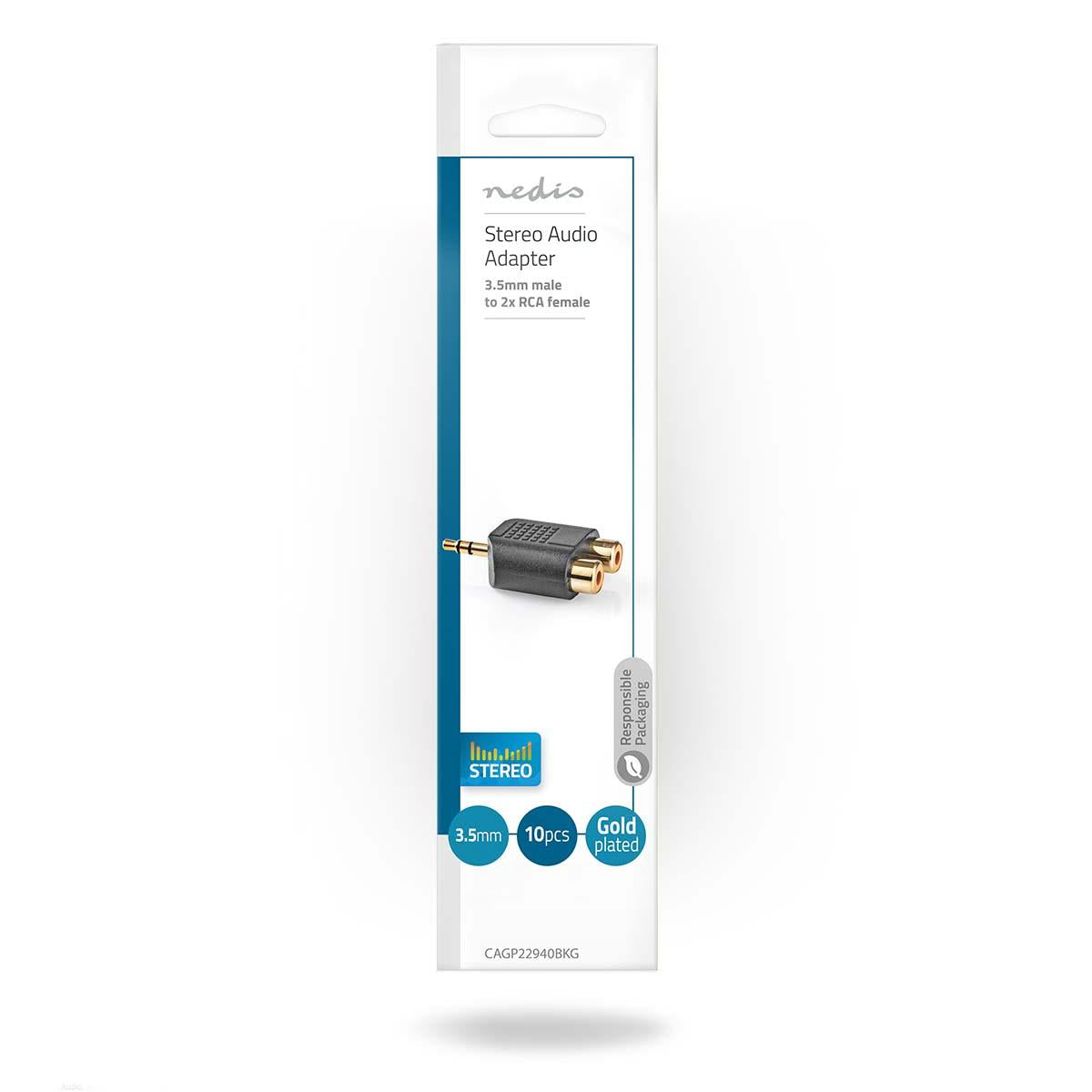 Nedis CAGP22940BKG | Stereo Audio Adapter | 3.5 mm Male | 2x RCA Female | Gold Plated | Straight | ABS | Black | 10 pcs | Envelope