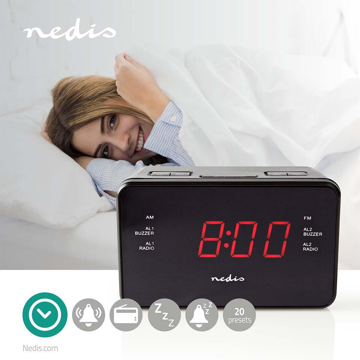 Nedis Digital Alarm Clock Radio | LED Display | 1x 3.5 mm Audio Input | Time projection | AM / FM | Snooze function | Sleep timer | Number of alarms: 2 | Black