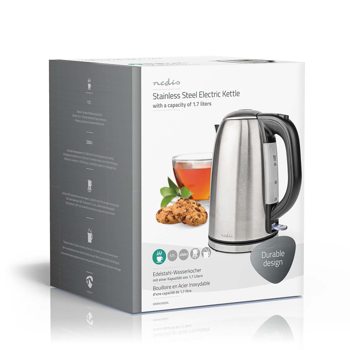 Nedis Electric Kettle | 1.7 l | Stainless Steel | Black / Silver | Rotatable 360 degrees | Concealed heating element | Strix® controller | Boil-dry protection