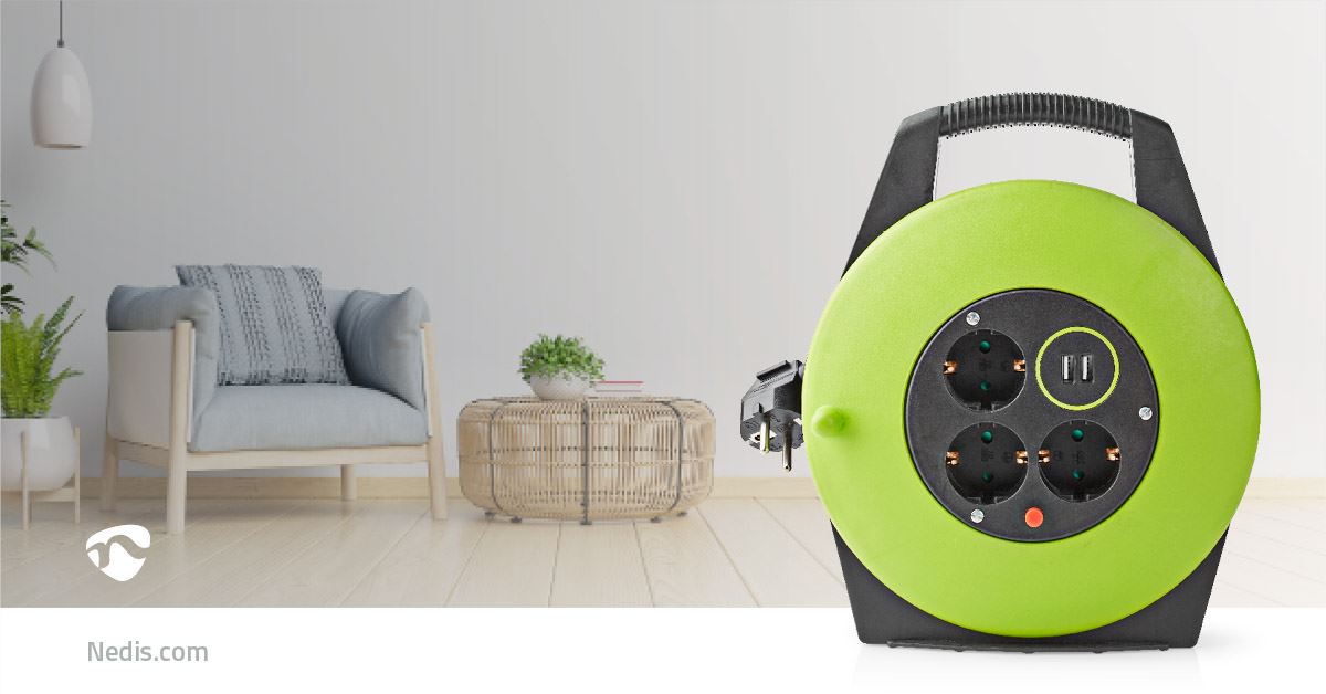 Nedis Cable Reel | Plug with earth contact | 10.0 m | 3000 W | 16 A | Kind of grounding: Side Contacts | 230 V AC 50/60 Hz | Socket angle: 90 ° | H05VV-F 3G1.5mm² | Fuse: Yes | Black / Green