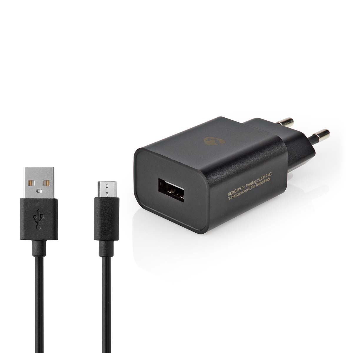 Nedis Wall Charger | 12 W | Quick charge feature | 1x 2.1 A | Number of outputs: 1 | USB-A | Micro USB (Loose) Cable | 1.00 m | Single Voltage Output | Black
