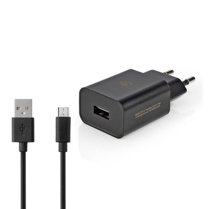 Nedis Wall Charger | 12 W | Quick charge feature | 1x 2.1 A | Number of outputs: 1 | USB-A | Micro USB (Loose) Cable | 1.00 m | Single Voltage Output | Black
