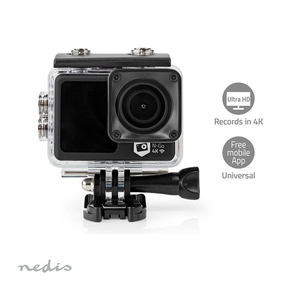 Nedis Action Cam | Dual Screen | 4K@30fps | 16 MPixel | Waterproof up to: 30.0 m | 90 min | Wi-Fi | App available for: Android™ / IOS | Mounts included | Black