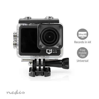 Nedis Action Cam | Dual Screen | 4K@30fps | 16 MPixel | Waterproof up to: 30.0 m | 90 min | Wi-Fi | App available for: Android™ / IOS | Mounts included | Black