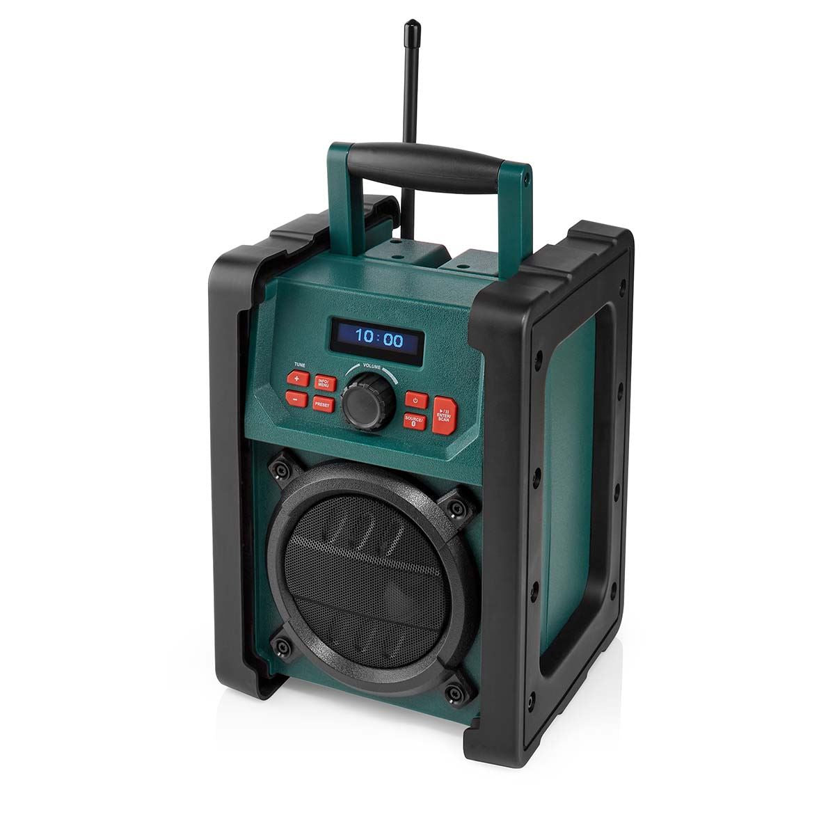 Nedis DAB+ Radio | Jobsite Radio | DAB+ / FM | 2.2 " | Black White Screen | Battery Powered / Mains Powered | Digital | 15 W | Bluetooth® | Alarm clock | Sleep timer | IP65 | Carrying handle | Black / Green