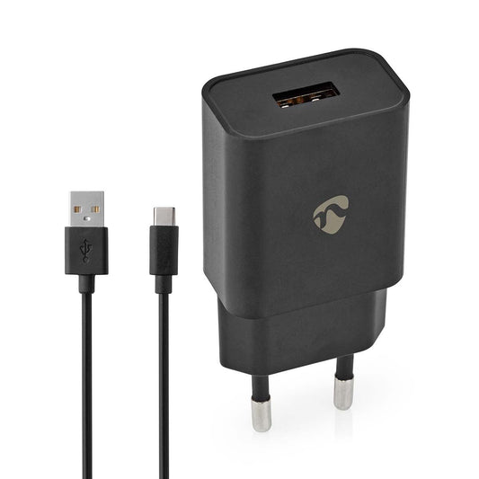 Nedis Wall Charger | 12 W | Quick charge feature | 1x 2.4 A | Number of outputs: 1 | USB-A | USB Type-C™ (Loose) Cable | 1.00 m | Single Voltage Output | Black