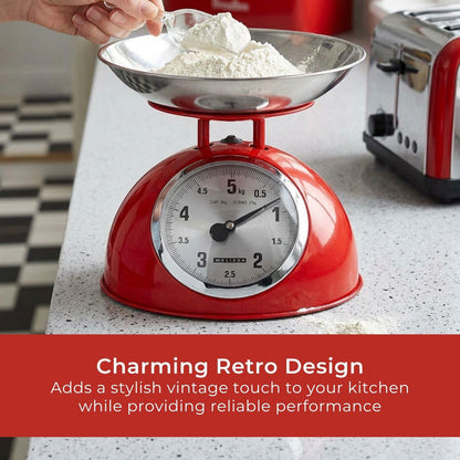 MELISSA Retro Kitchen Scale | Analog | Metal Housing | Removable bowl | Max. 5kg | 25-gram increments | Red