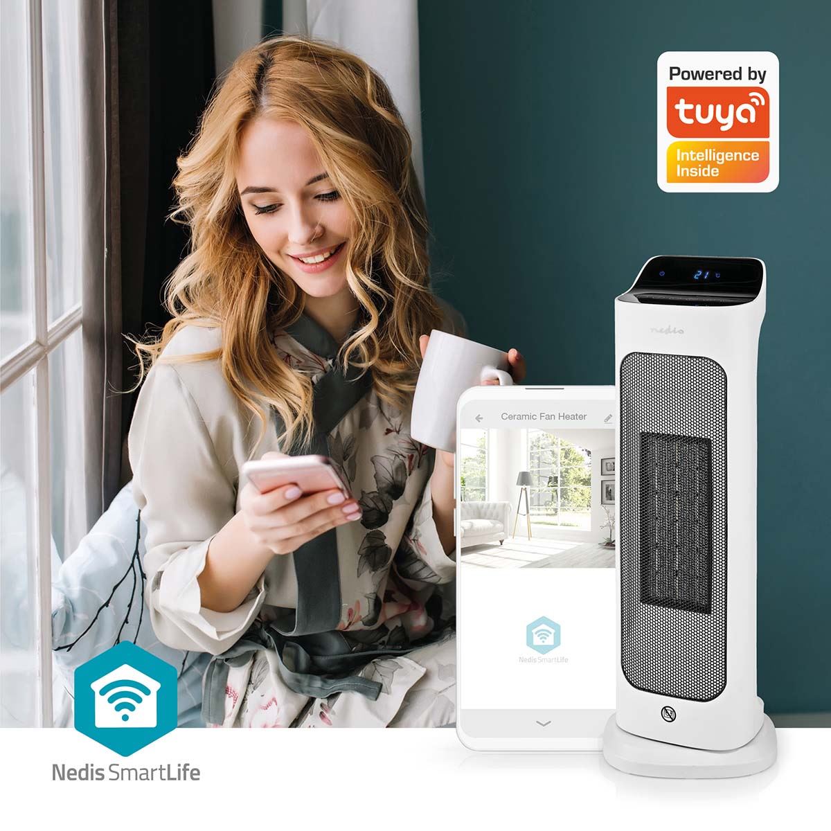 Nedis SmartLife Ceramic PTC Fan Heater | Wi-Fi | 2000 W | 2 Heat Settings | Oscillation | Display | 10 - 49 °C | Android™ / IOS | White