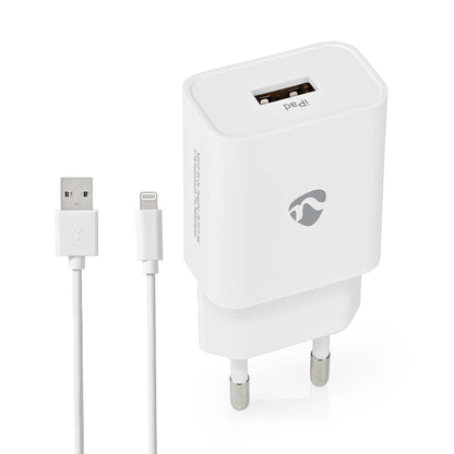 Nedis Wall Charger | 12 W | Quick charge feature | 1x 2.4 A | Number of outputs: 1 | USB-A | Lightning 8-Pin (Loose) Cable | 1.00 m | Single Voltage Output | White