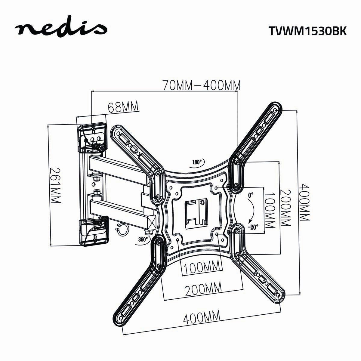 Nedis Full Motion TV Wall Mount | 23 - 55 " | Maximum supported screen weight: 30 kg | Tiltable | Rotatable | Minimum wall distance: 70 mm | Maximum wall distance: 400 mm | 3 Pivot point(s) | ABS / Steel | Black