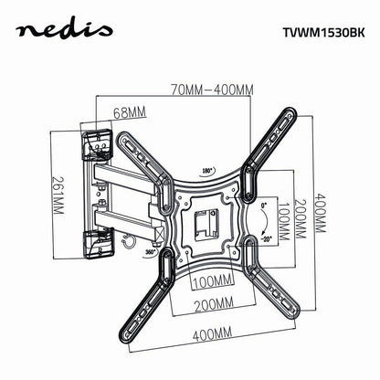 Nedis Full Motion TV Wall Mount | 23 - 55 " | Maximum supported screen weight: 30 kg | Tiltable | Rotatable | Minimum wall distance: 70 mm | Maximum wall distance: 400 mm | 3 Pivot point(s) | ABS / Steel | Black