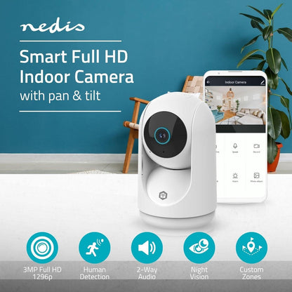Nedis SmartLife Indoor Camera | Wi-Fi | 3MP Full HD 1296p | Pan tilt | Cloud Storage (optional) / microSD (not included) / Onvif | With motion sensor | Night vision | White