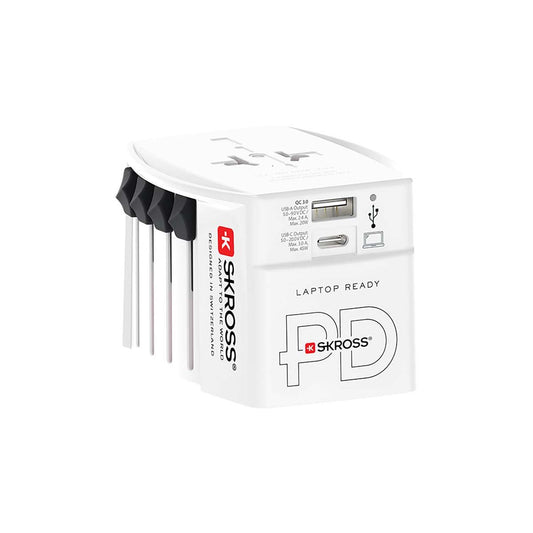 Skross Travel Adapter 2-Pole World travel adapter with integrated Dual USB Charger (1x USB C & 1 x USB) 45 Watt Power Delivery