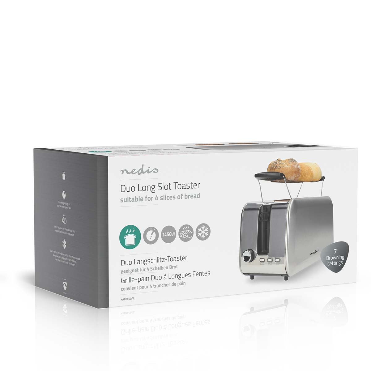Nedis Toaster | 4 Bread Slices | 2 Long Slots | Browning levels: 7 | Defrost feature | Aluminium / Silver