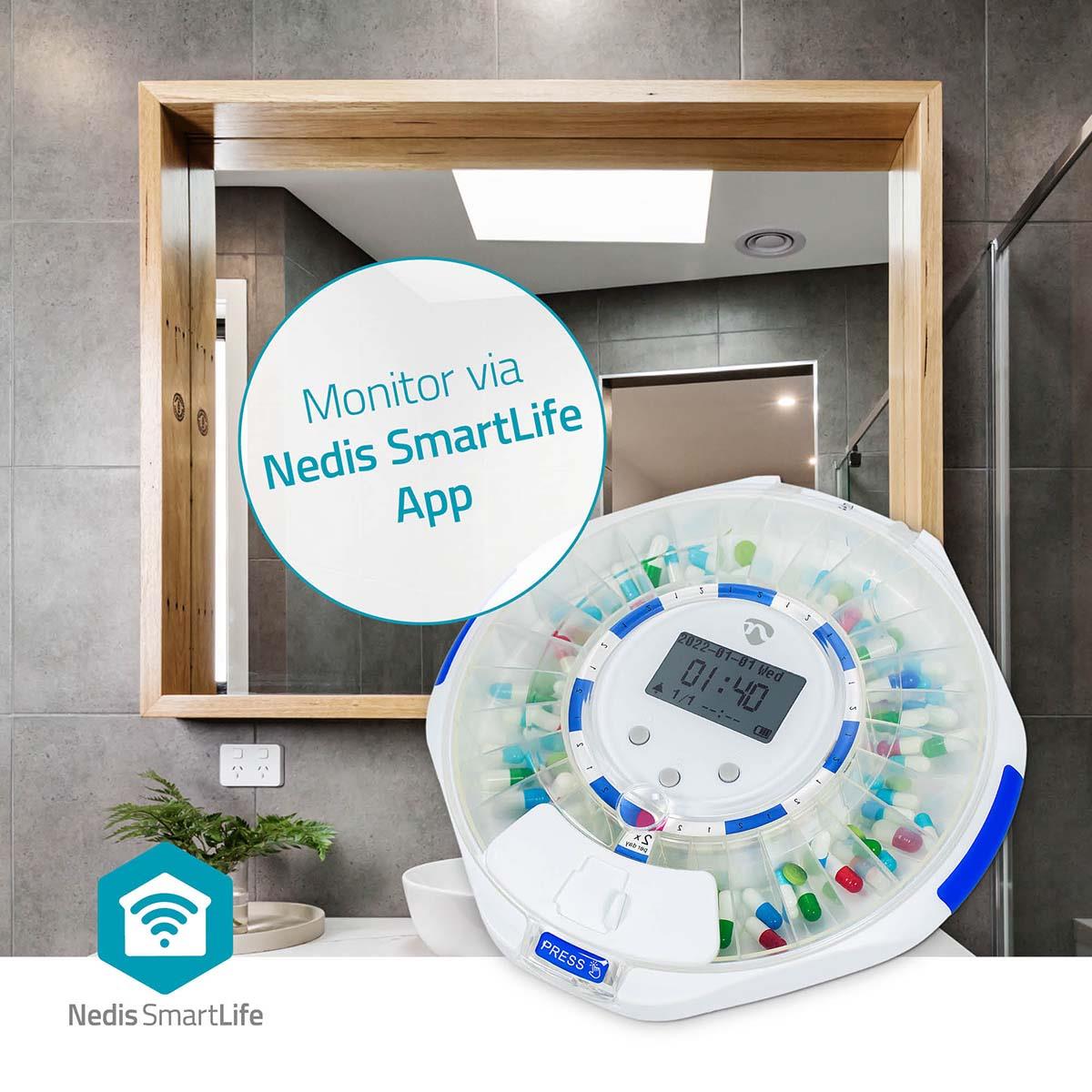 Nedis SmartLife Pill Dispenser | Wi-Fi | 28 Compartments | Number of alarmtimes: 9 Alarm Times Per Day | Beep / Light / Voice | LCD display | White