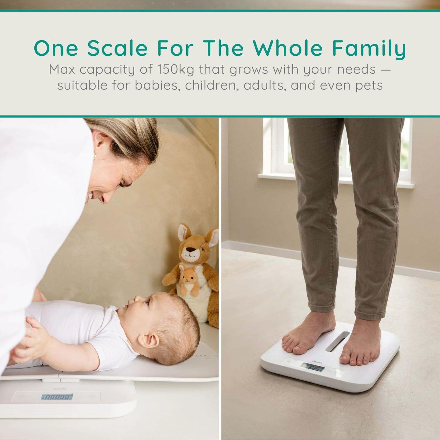 Alecto BC70 Digital Baby Weighing Scales, Personal Scale and Pet Scale in one - Up to 150 kg with Removable Weighing Surface - White
