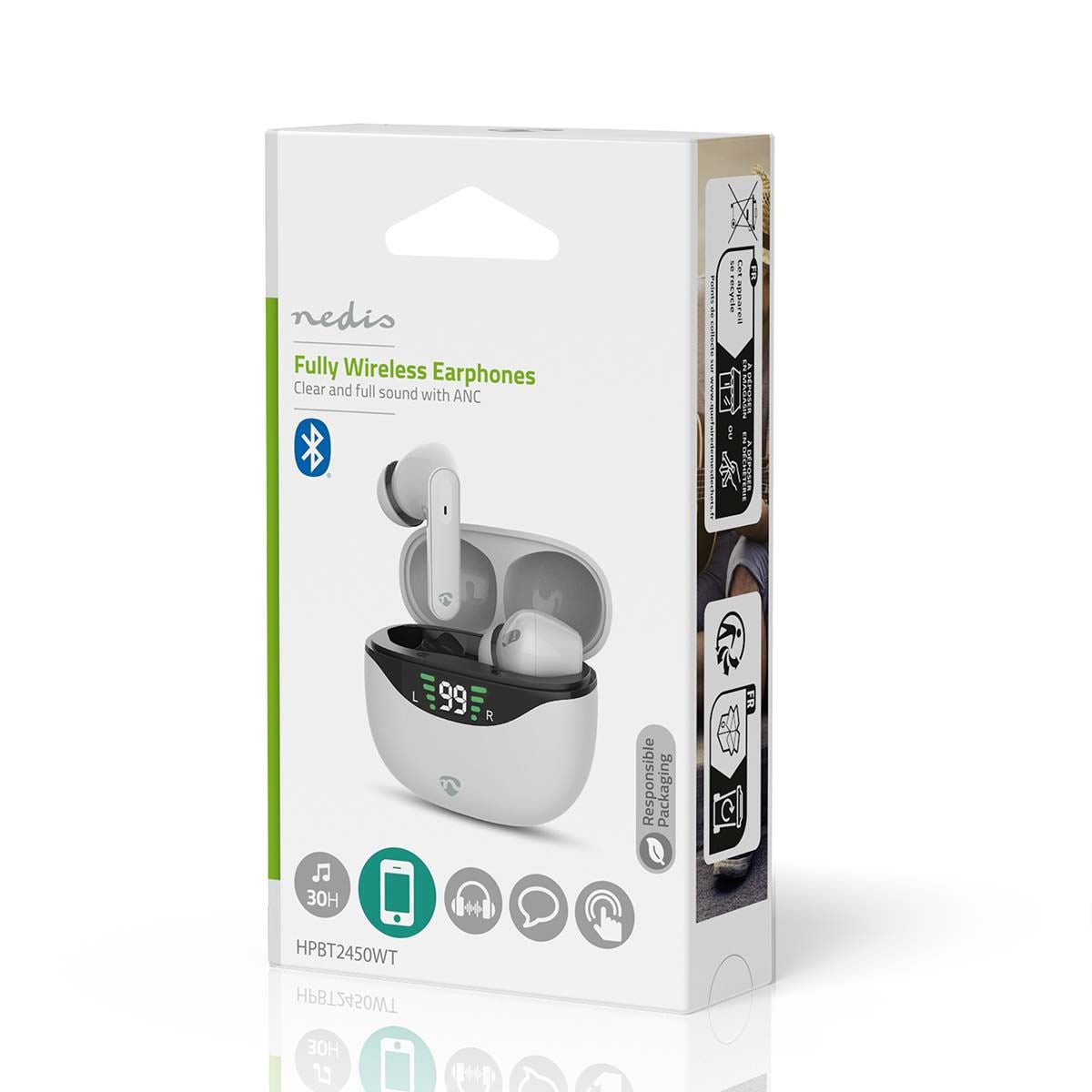 Nedis Fully Wireless Earphones | ANC (Active Noise Cancelling) | Bluetooth® | Maximum battery play time: 30 hrs | Touch Control | Charging case | Wireless charging case | Built-in microphone | Voice control support | White