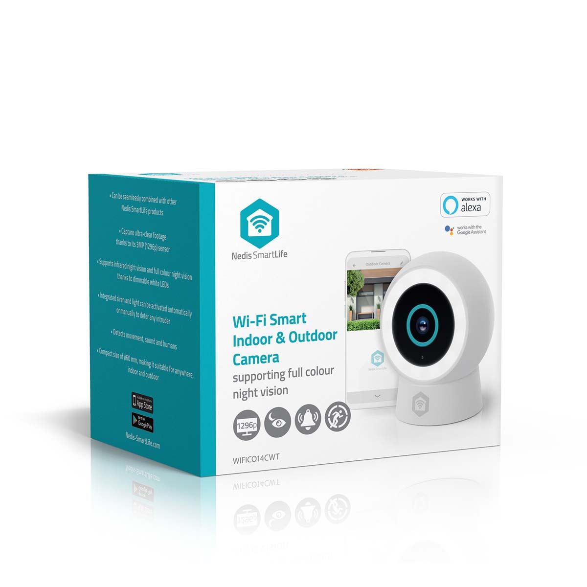 Nedis SmartLife Outdoor Camera | Wi-Fi | Spotlight | 3MP Full HD 1296p | IP65 | Cloud Storage (optional) / microSD (not included) / Onvif | 5 V DC | With motion sensor | Night vision | White
