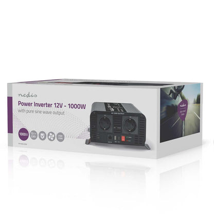Nedis Power Inverter Pure Sine Wave | Input voltage: 12 V DC | Device power output connection(s): Type F (CEE 7/3) / USB-A / USB-C™ | 230 V AC 50 Hz | 1000 W | Peak power output: 2000 W | Screw Terminal | Pure Sine Wave | Fuse | Black
