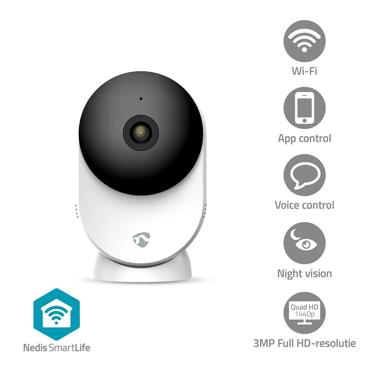 Nedis SmartLife Indoor Camera | Wi-Fi | 3MP Full HD 1296p | Cloud Storage (optional) / microSD (not included) / Onvif | With motion sensor | Night vision | White