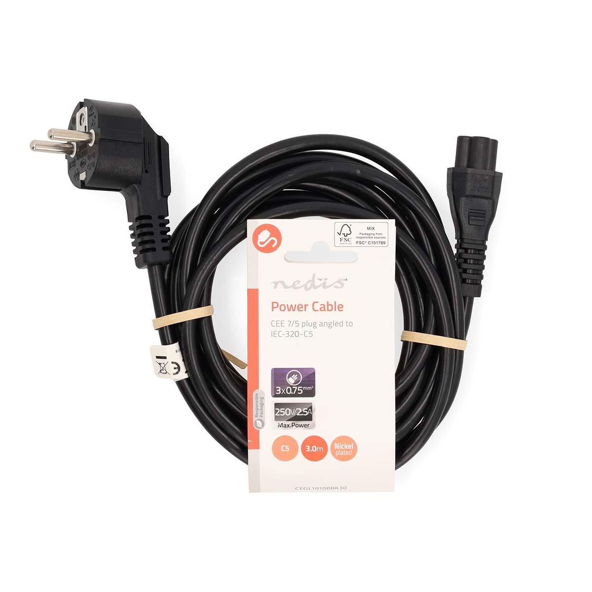 Nedis CEGL10100BK30 | Power Cable | Plug with earth contact male | IEC-320-C5 | Angled | Straight | Nickel Plated | 3.00 m | Round | PVC | Black