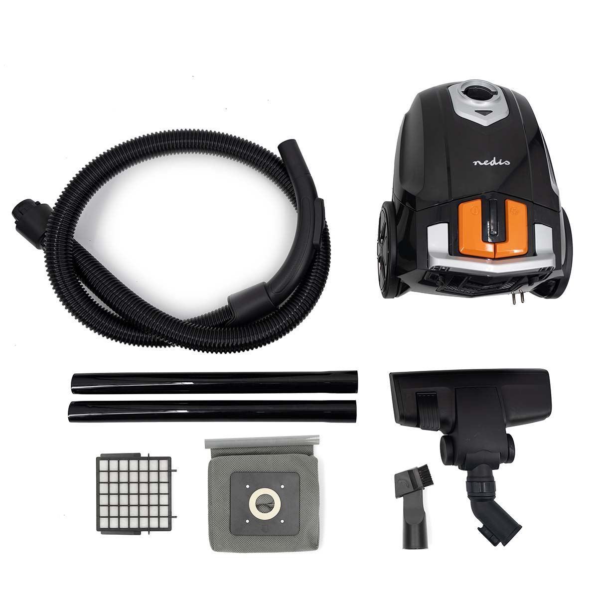 Nedis Vacuum Cleaner | With Bag | 700 W | Dust capacity: 2.0 l | Combi Brush | Action radius: 7.50 m | Hepa 12 | Black / Orange