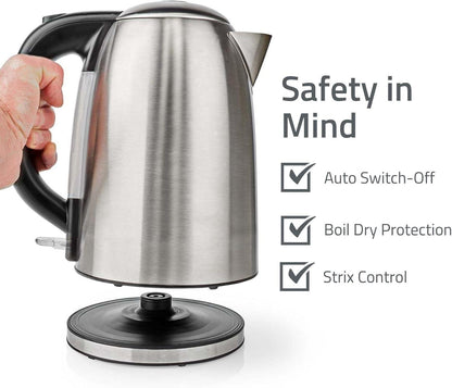 Nedis Electric Kettle | 1.7 l | Stainless Steel | Black / Silver | Rotatable 360 degrees | Concealed heating element | Strix® controller | Boil-dry protection