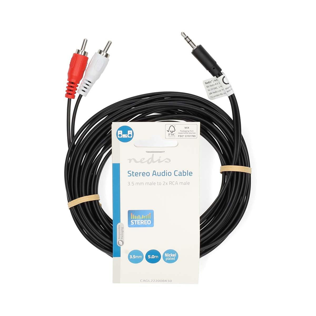 Nedis Stereo Audio Cable | 3.5 mm Male | 2x RCA Male | Nickel Plated | 5.00 m | Round | Black | Label