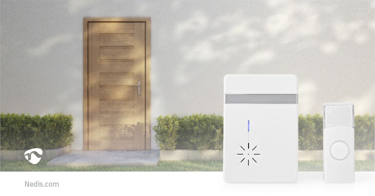 Nedis Wireless Doorbell Set | Battery Powered | 3 V DC | 1x CR2032 | Volume: 80 dB | Signal range: 300 m | IP44 | 36 Melodies | 1 Receiver | White