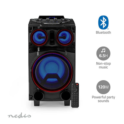 Nedis Bluetooth® Party Speaker | Maximum battery play time: 6.5 hrs | 120 W | Carrying handle | Party lights | Equalizer | Black
