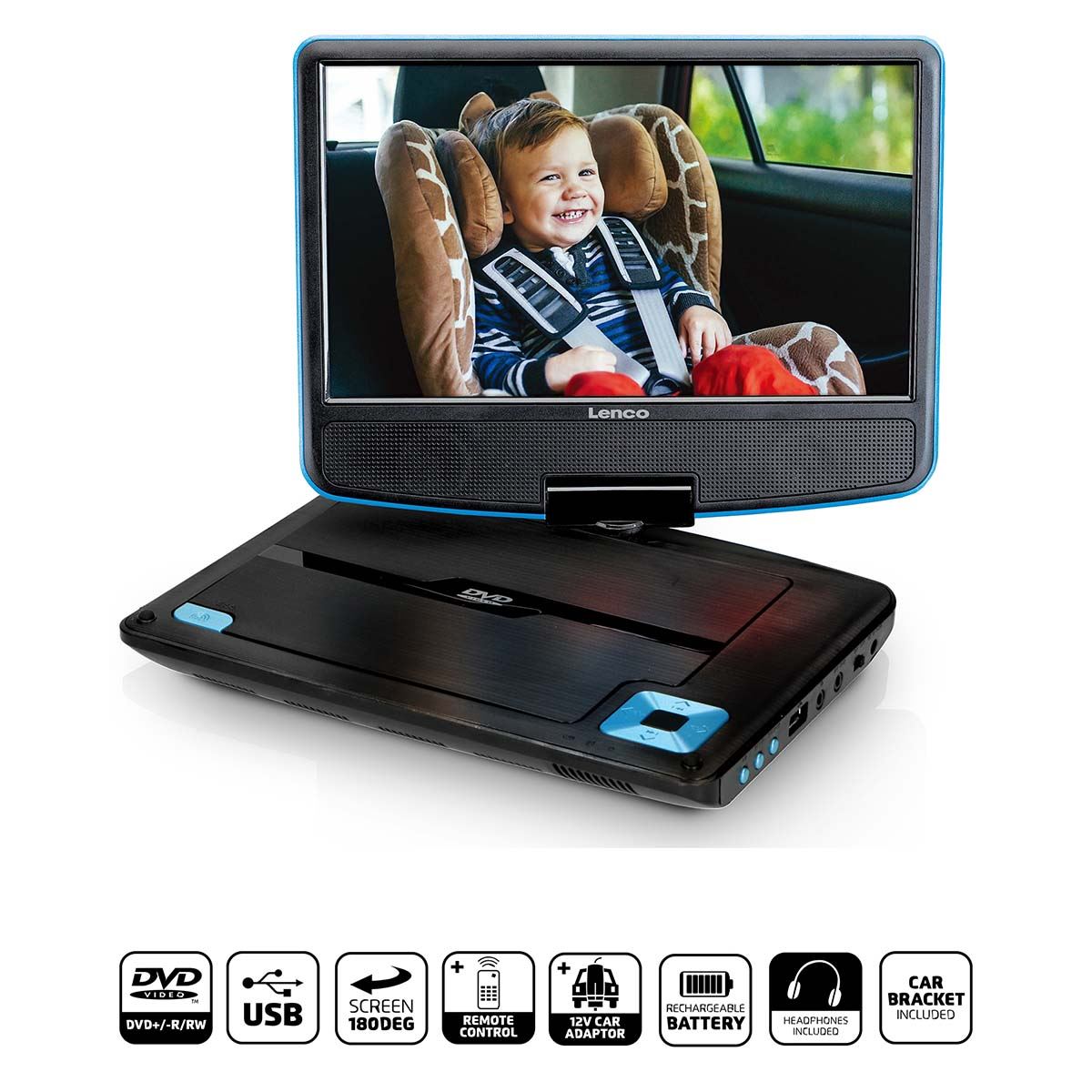 Lenco DVP-910BU | Portable 9" DVD-Player | USB Headphones and Mounting bracket |Blue / Black