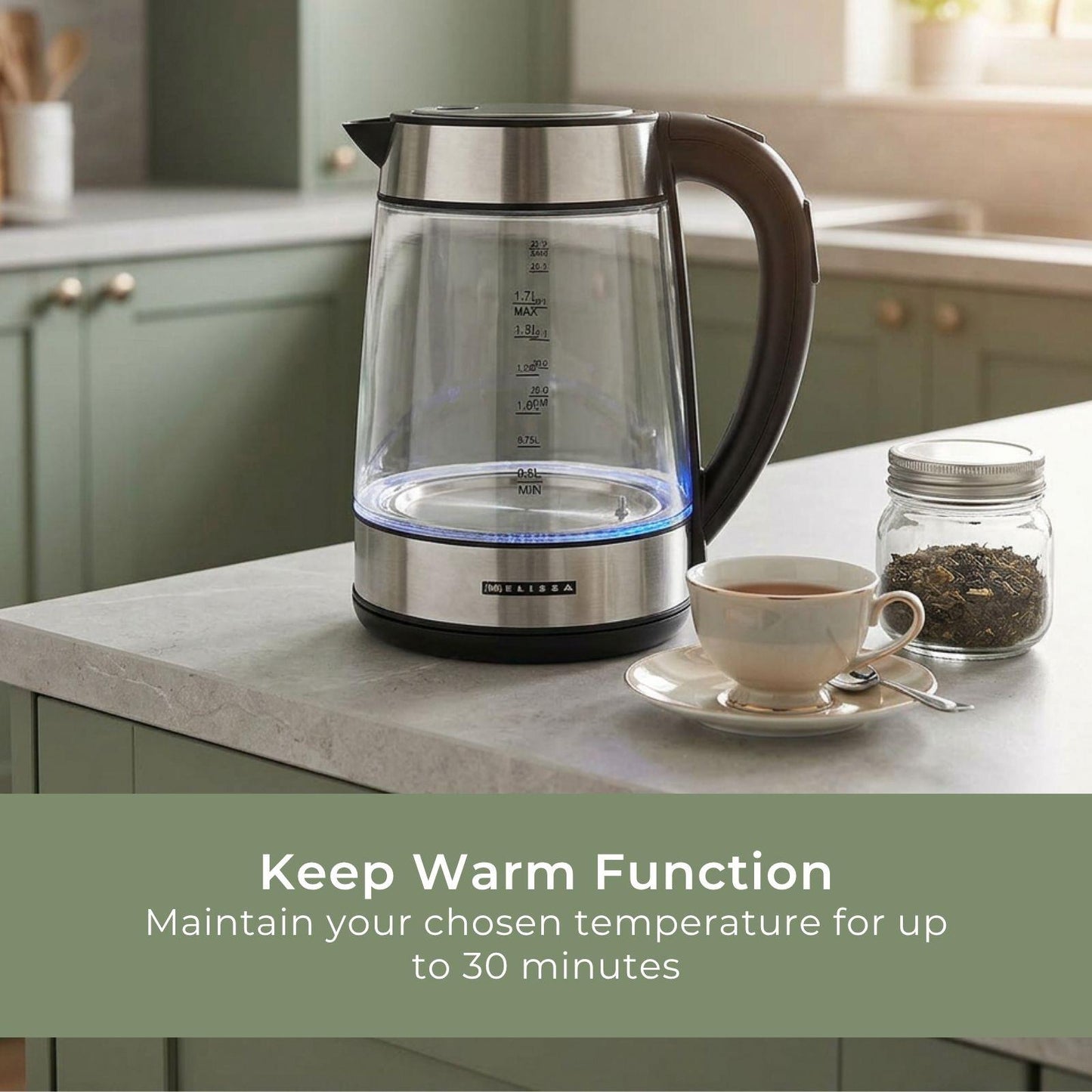 MELISSA Digital Electric Kettle | 1.7 l | 2200 W | Glass | 50/70/80/90/100 °C Presets | 360° pirouette base | Concealed heating element | Strix® controller | Keep-warm function | Boil-dry protection