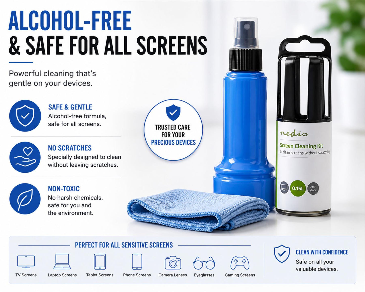 Nedis CLSN130BU Screen Cleaner | Spray | 150 ml | Notebook / Smartphone / Tablet / TV Screen | Wiper included