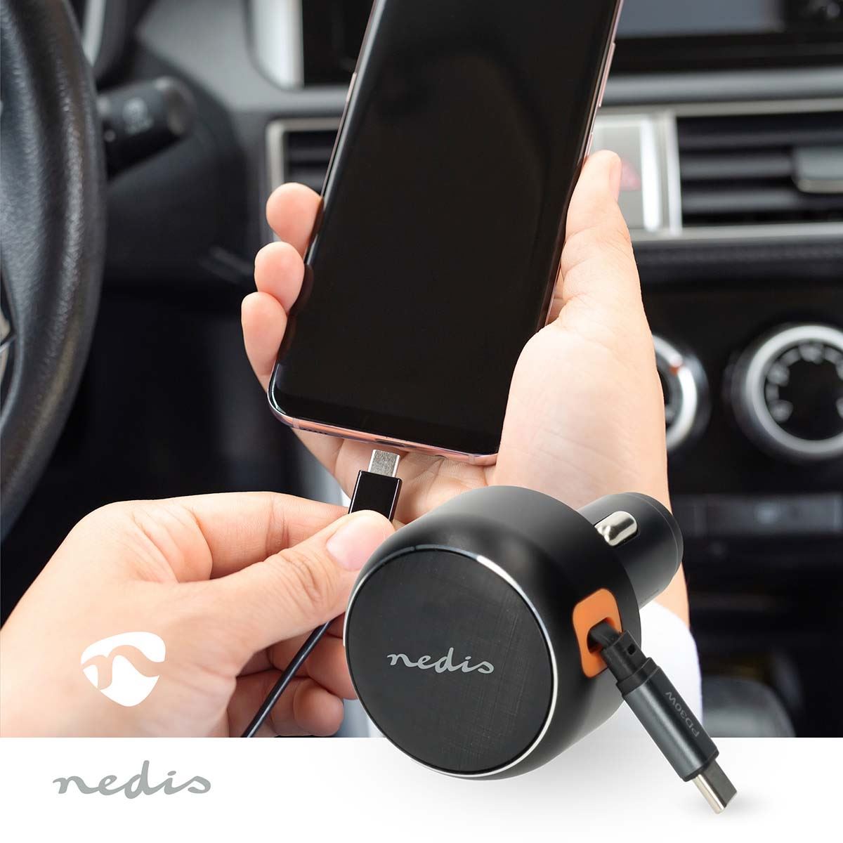 Nedis Car Charger | 30 W | 2.4 / 3.0 A | Number of outputs: 1 | USB-C™ Retractable Cable | 0.70 m | Automatic Voltage Selection